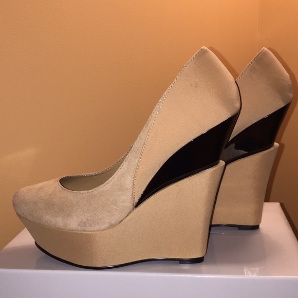Tan Platform Wedge Pumps - Picture 1 of 6